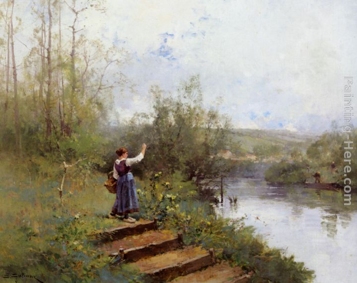 Paysanne au bord de la riviere painting - Eugene Galien-Laloue Paysanne au bord de la riviere art painting